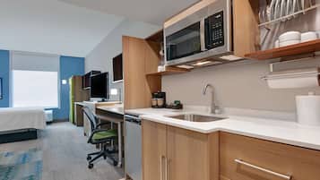 Desk, laptop workspace, blackout curtains, iron/ironing board