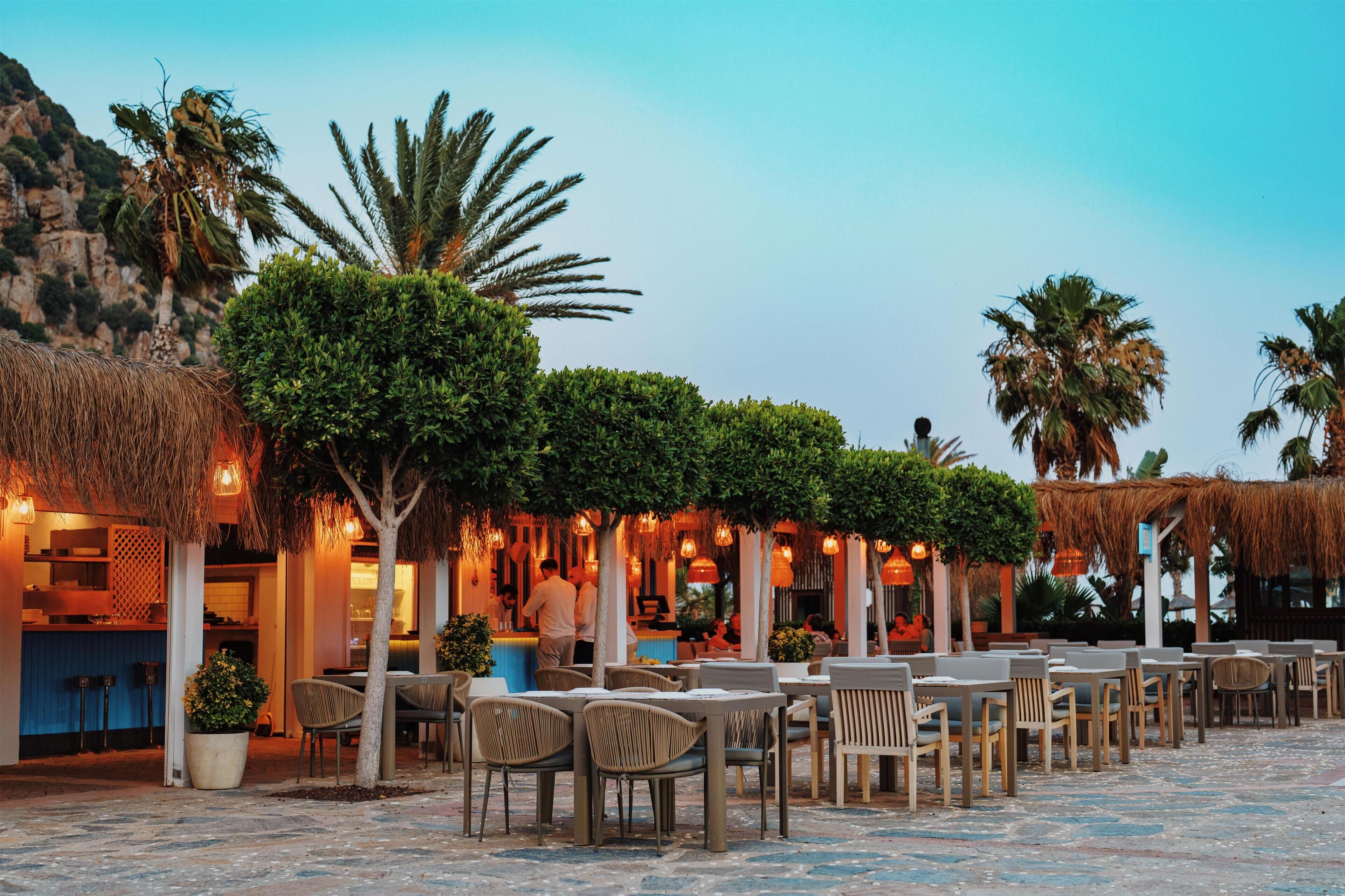 An outdoor seating area with tables and chairs, surrounded by trees and a thatched roof structure.