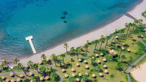 An aerial view of a beach resort with a large white 'T' symbol, palm trees, and sun loungers. - Radisson Collection Hotel Bodrum (Bodrum)