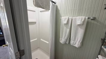 Shower, towels, soap, toilet paper