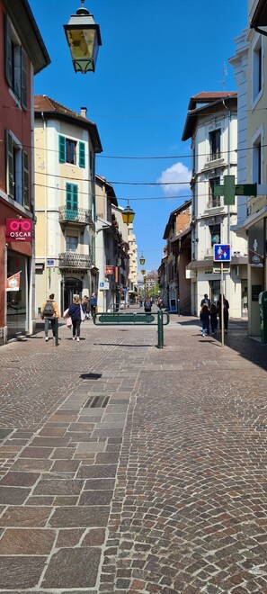 A cobblestone street lined with historic buildings, a pedestrian crossing, and a street lamp.
