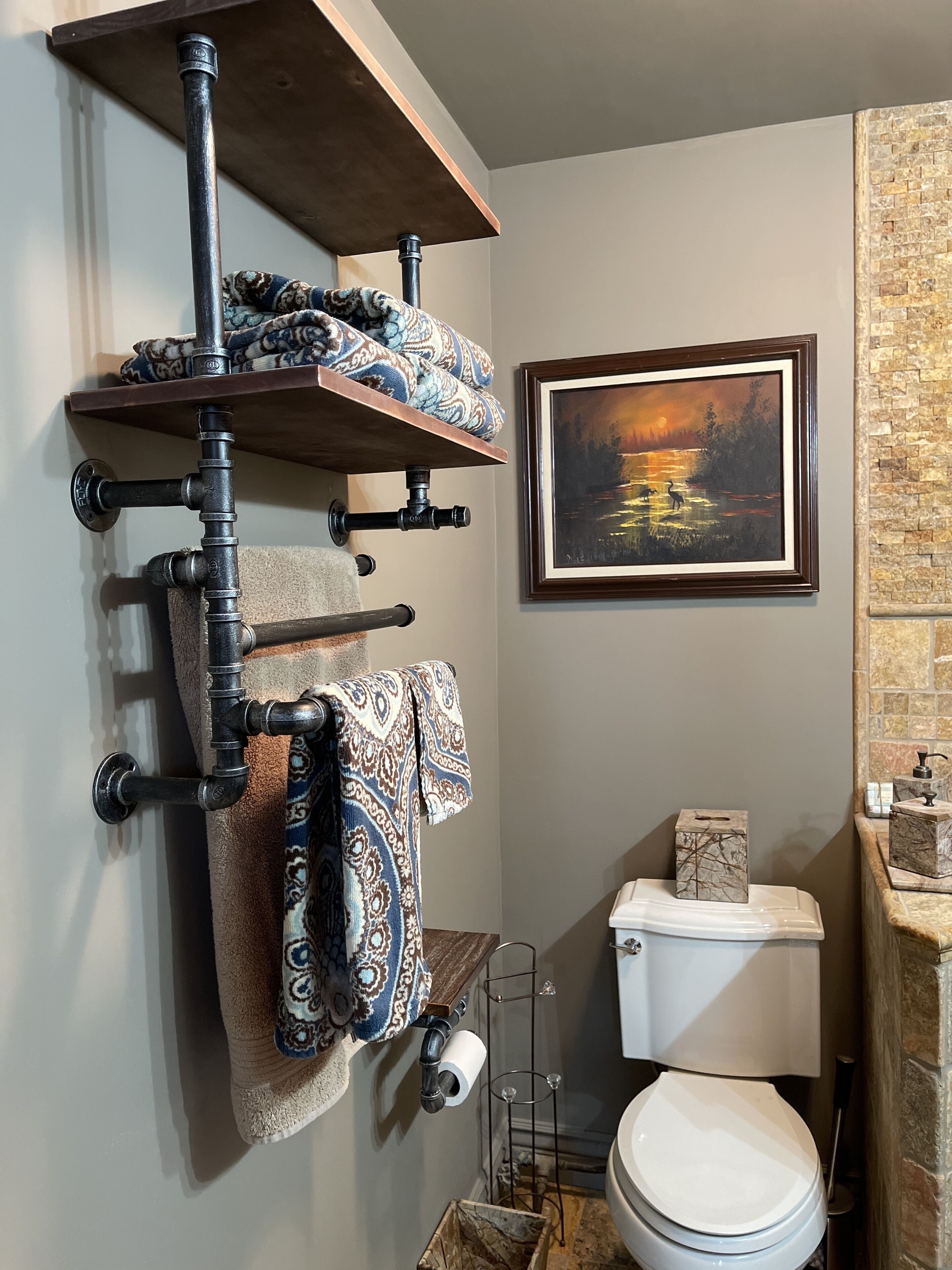 Shower, hair dryer, towels, shampoo