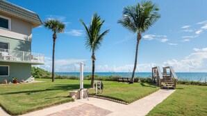 A beachfront property with a paved walkway, palm trees, and a bench. - Direct Ocean View- Heated Pool- New Wrap Around Balcony- (Indialantic)