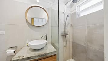Hair dryer, towels, soap, shampoo