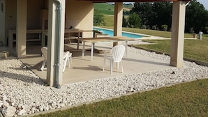 Ein überdachter Außenbereich mit Pool, Picknicktisch und Stühlen.