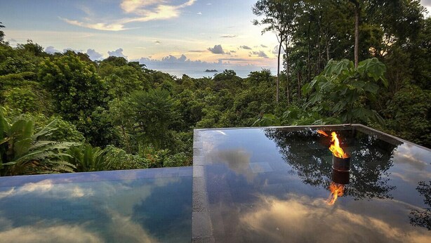 An infinity pool with a fire feature, surrounded by lush greenery and a view of the ocean.
