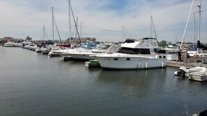 A marina with several yachts docked.