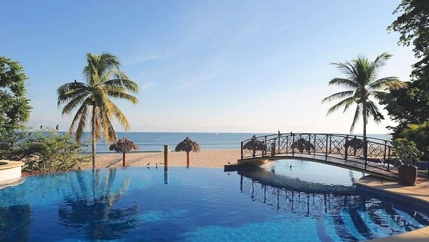 A clear blue pool with a bridge, palm trees, and a beach in the background. - Luxury Ocean View Ground Floor, Premier Golf and Beach Clubs (Punta Mita)