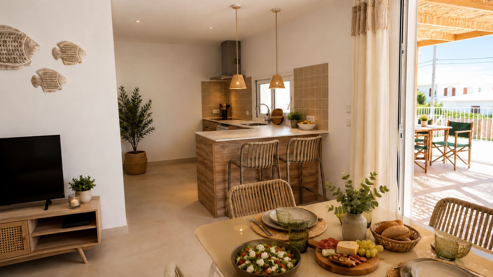 A modern kitchen with a central island, dining area with wicker chairs, and a TV on a wooden stand.