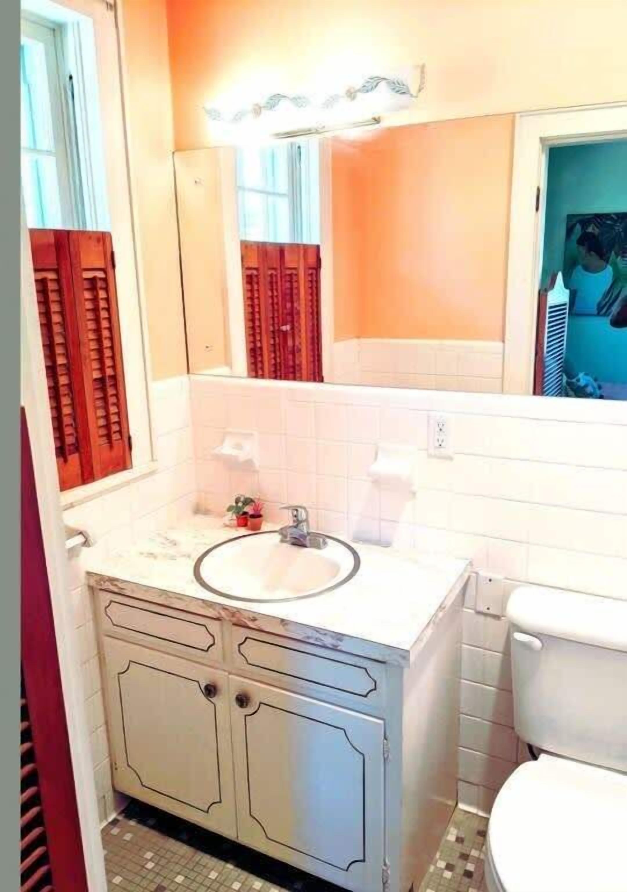 Une salle de bain avec un lavabo blanc, un miroir et des toilettes.