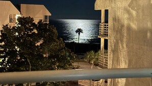 A night view of a coastal area with a moon in the sky, a palm tree, and buildings with balconies overlooking the sea. - Renovated Oceanfront Resort and oceanview condo - 3521 Villamare (Hilton Head Island)