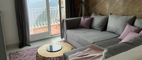 Smart TV, fireplace, books, music library