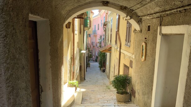 A narrow stone-paved alleyway with buildings on either side, featuring arched doorways and a small potted plant.