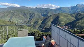 A balcony with a view of green mountains and a town below.