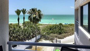 Un balcon avec vue sur une plage, des palmiers et l’océan.