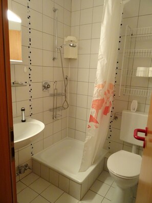 Shower, hair dryer, soap, toilet paper