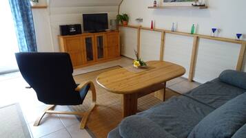 Televisión, reproductor de DVD, libros y videoteca