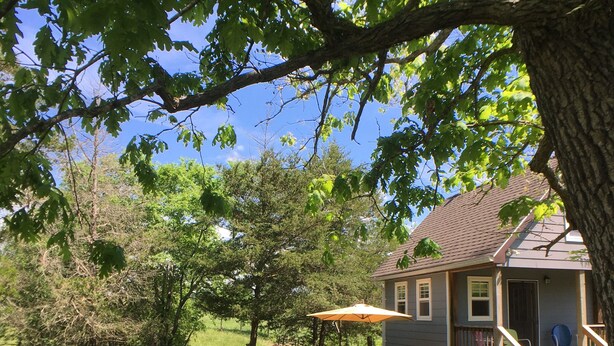 A house with a porch, a grill, and a patio area with chairs. - Micro house cabin located near Silver Mines Recreation Area. (Fredericktown)