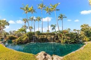 A pool surrounded by palm trees and a waterfall.