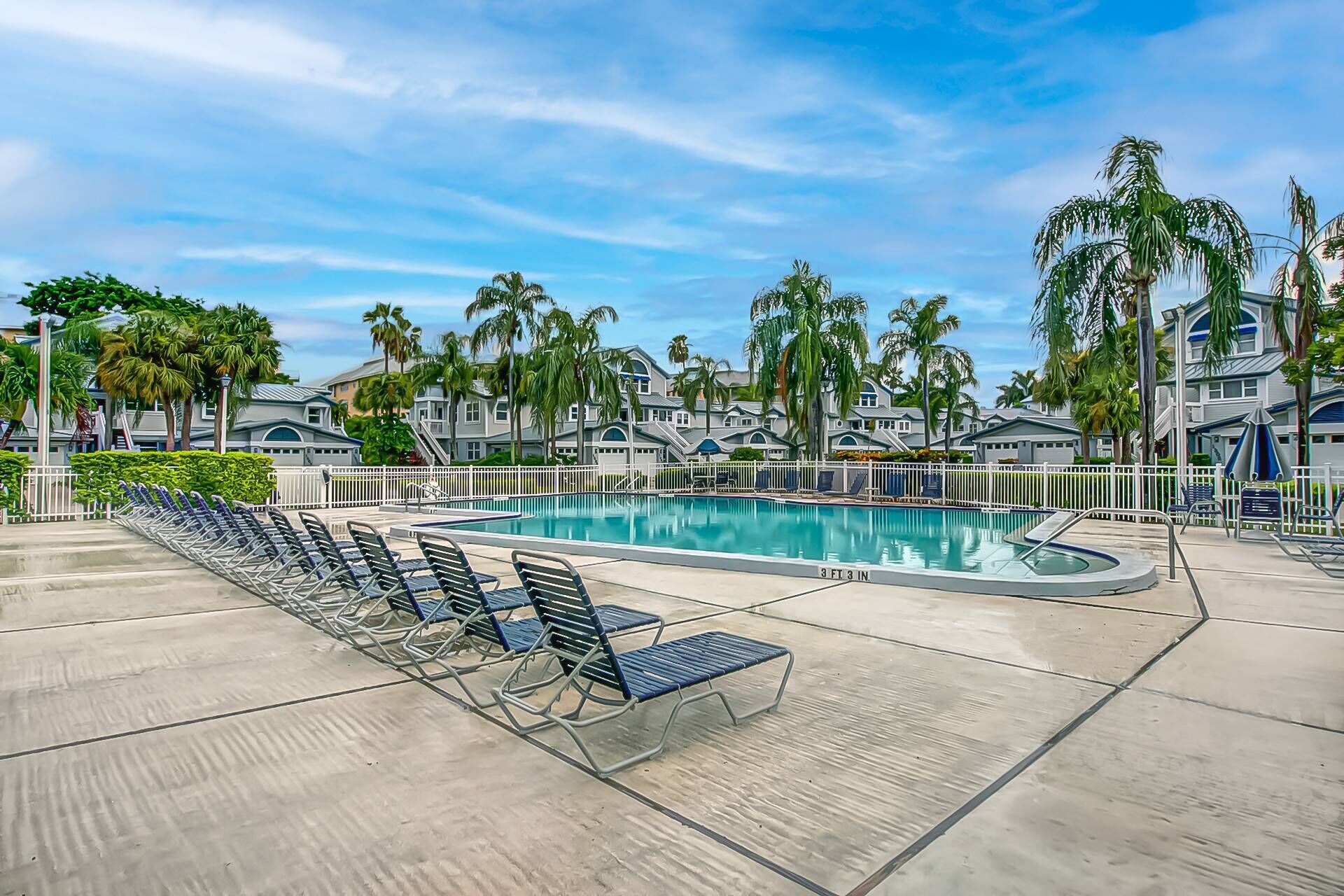 A swimming pool with lounge chairs and palm trees.