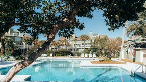 Ein Swimmingpool mit Liegestühlen und einem Baum im Vordergrund.