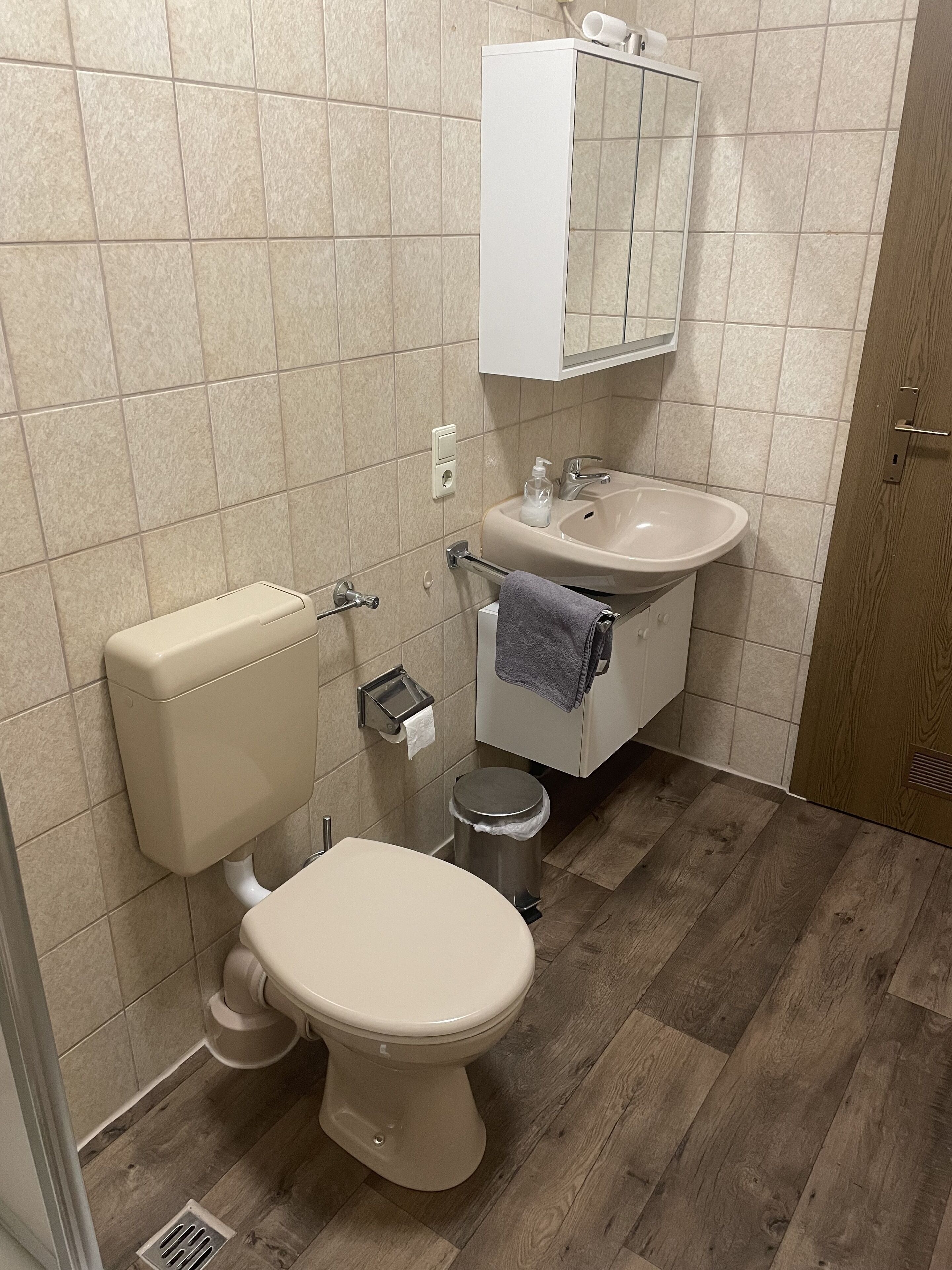 Een badkamer met toilet, wastafel en spiegel.