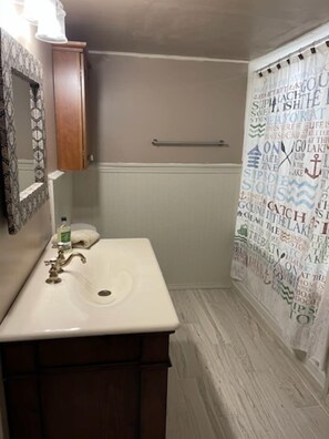Combined shower/bathtub, jetted bath, hair dryer, towels