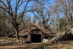 A rustic thatched-roof structure with a large open doorway, surrounded by trees and a wooden fence. - A-Frame Cabin w/ EV Charger, Arcade & Vinyl Lounge (Pioneer)