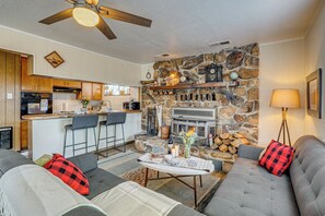 TV, fireplace, books, stereo