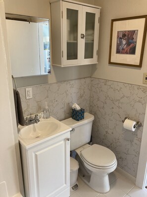 A bathroom with a white sink, toilet, and cabinet. There is a framed picture on the wall. - Magical Riverside Retreat on 450 Private Acres (Pagosa Springs)