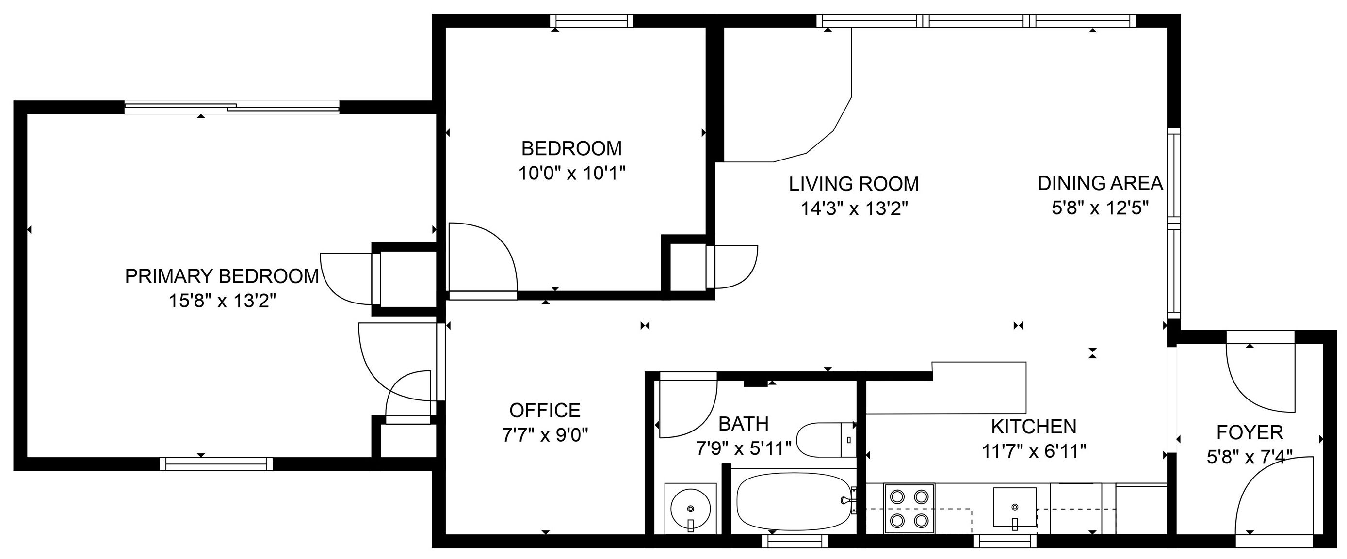 Un plan d’étage comprenant une chambre principale (4,78 m x 4 m), une deuxième chambre (3,05 m x 3,08 m), un bureau (2,31 m x 2,74 m), un salon (4,34 m x 4 m), un coin repas (1,73 m x 3,81 m), une cuisine (3,53 m x 2,11 m), une salle de bain (2,36 m x 1,80 m) et un hall d’entrée (1,73 m x 2,24 m).