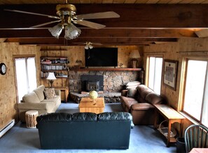 Smart TV, fireplace, DVD player, books