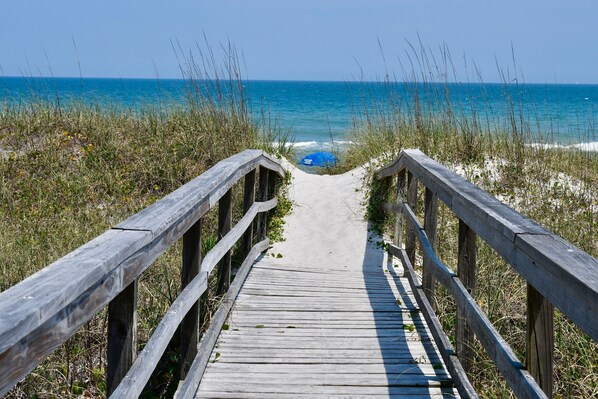 On the beach, sun loungers