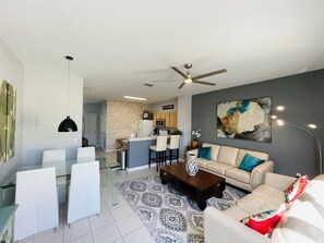 Smart TV, fireplace, books