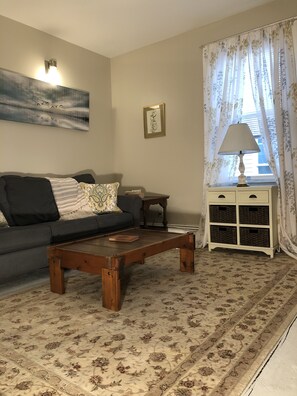 Smart TV, chimenea, libros y oficina 