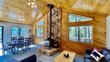 Älytelevisio, takka, DVD-soitin, kirjoja