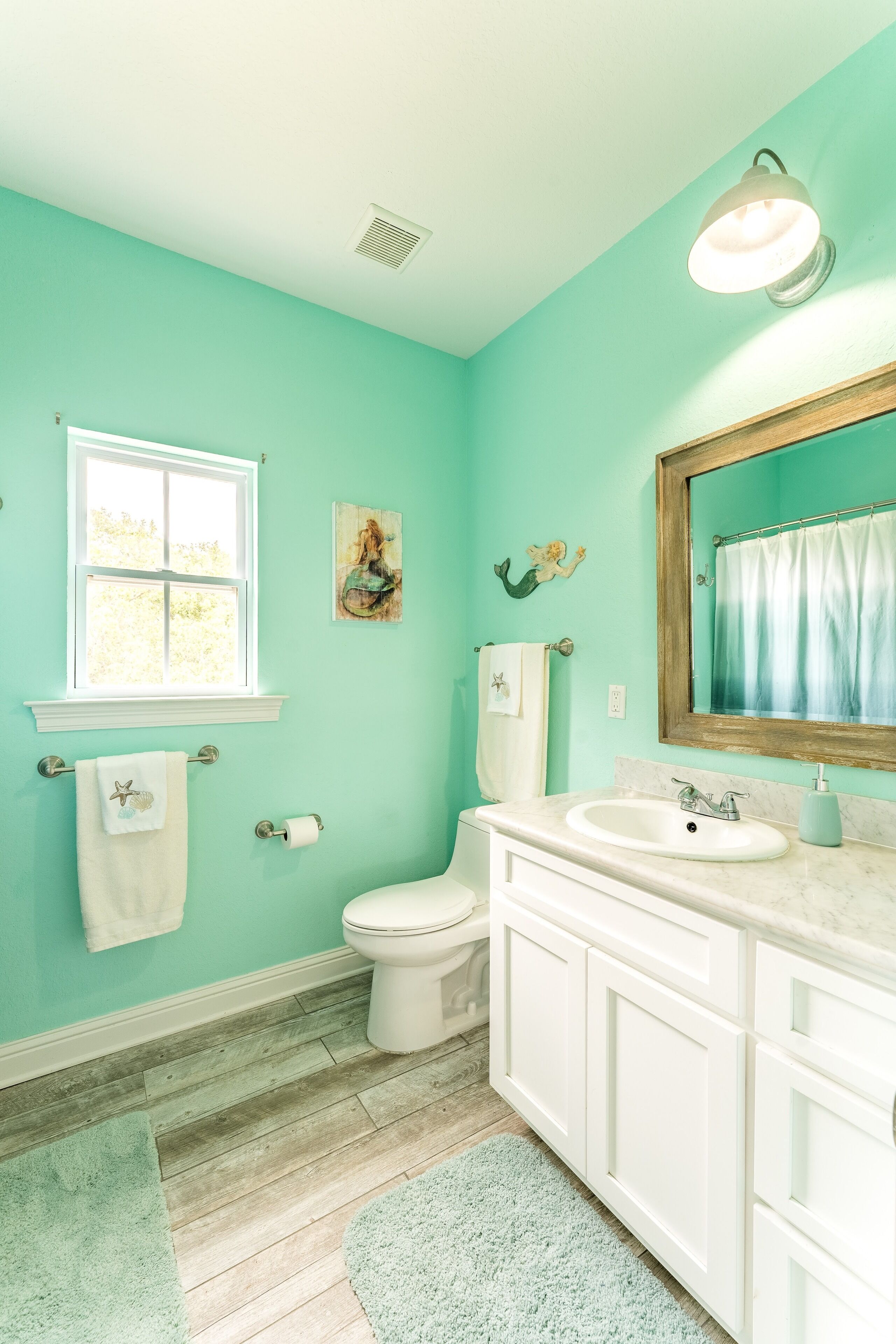 Une salle de bain avec un mur de couleur turquoise, des éléments d’aménagement blancs, une fenêtre, des toilettes, un lavabo et un miroir.