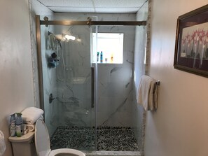 Shower, hair dryer, towels, soap