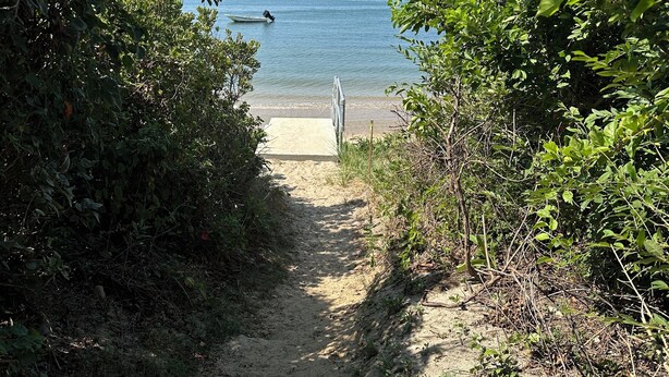 Un sendero arenoso que lleva a una playa con barcos en el agua y una vegetación densa a ambos lados.