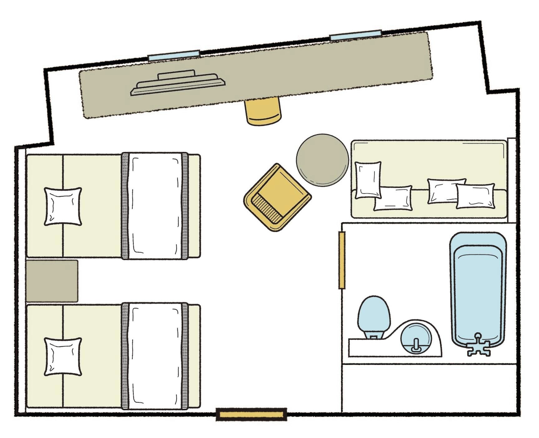 Distribución de una habitación de hotel con dos camas, un escritorio, una silla, una mesita, un espejo, una ventana y un baño con lavabo, inodoro y ducha.