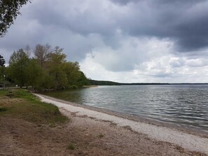 Une vue sur le lac, avec un sentier de terre menant à un banc et à des arbres.