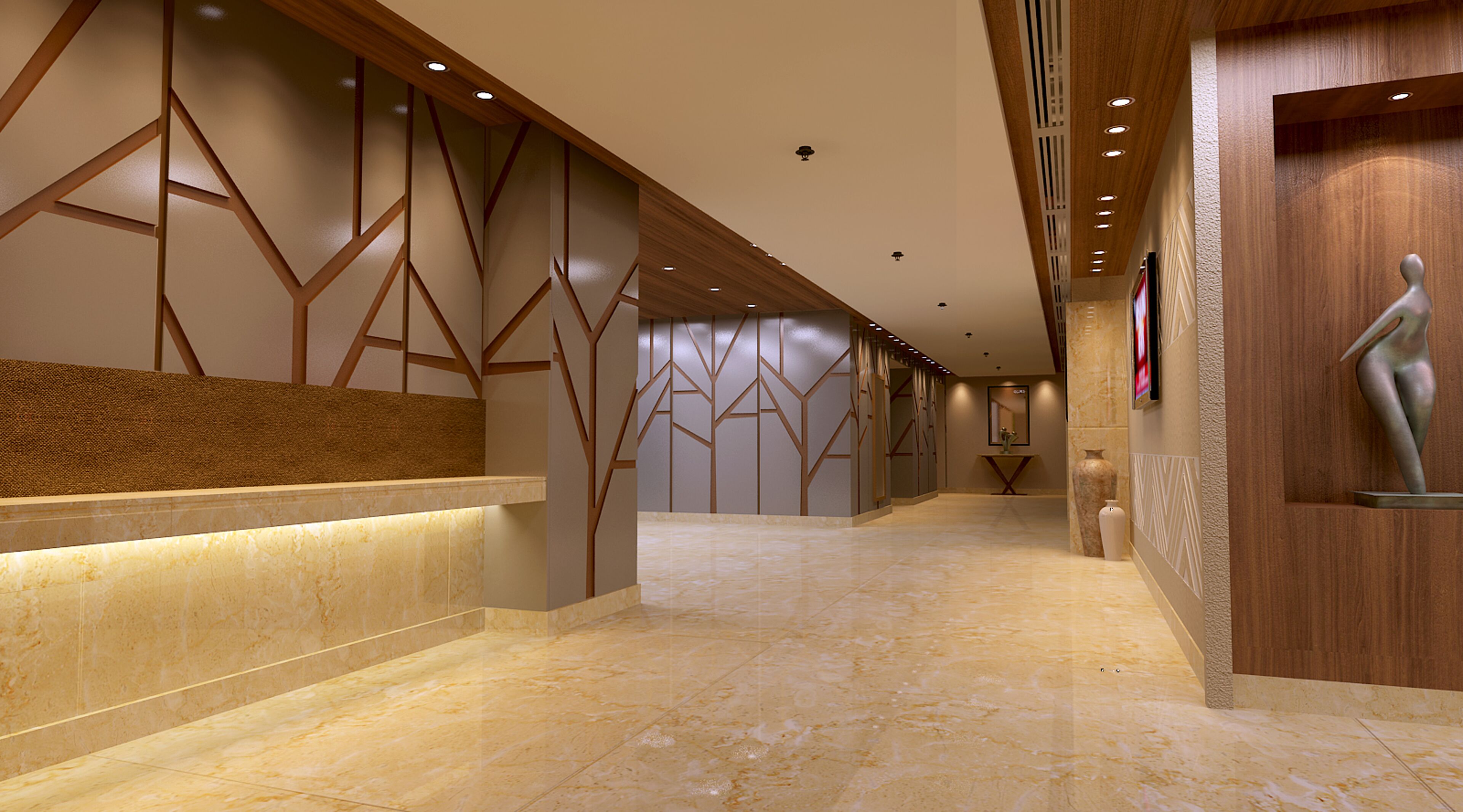 A modern hotel lobby with a reception desk, geometric wall paneling, and a statue.