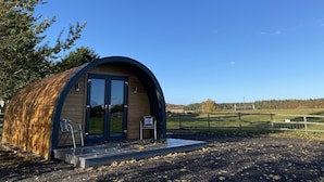 A small, modern, dome-shaped building with a wooden exterior and glass doors, situated in a rural setting with a clear sky and a fenced field in the background. - Glampods - 5 Berth Glamping Pod Elgin (Elgin)