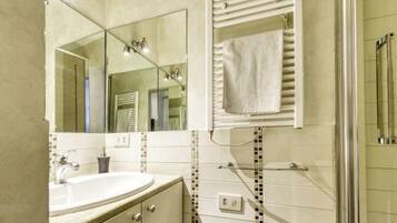 Shower, hair dryer, bidet, towels