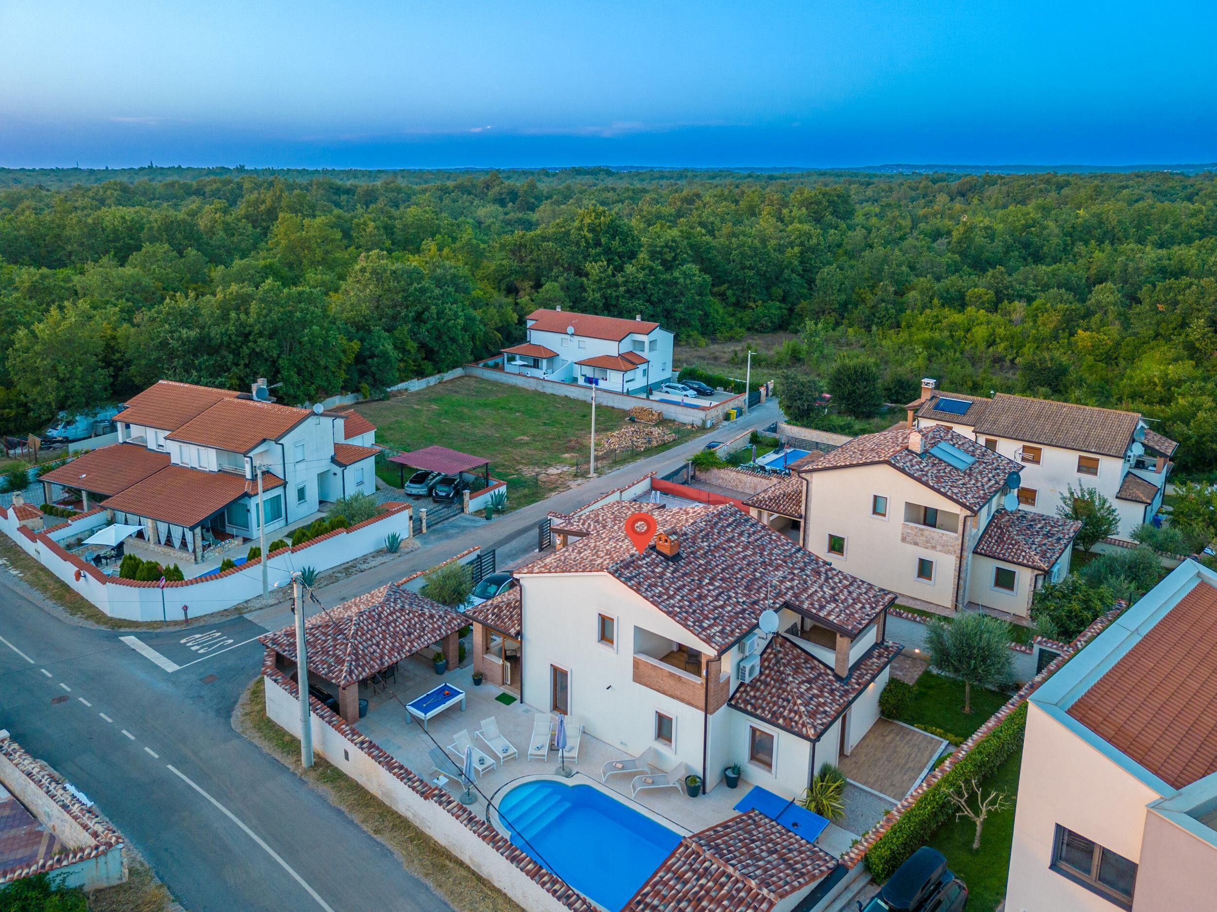 A residential area with multiple houses, a swimming pool, and a road.