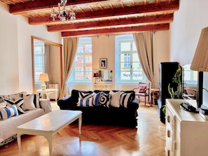 Smart TV, chimenea, reproductor de DVD y libros