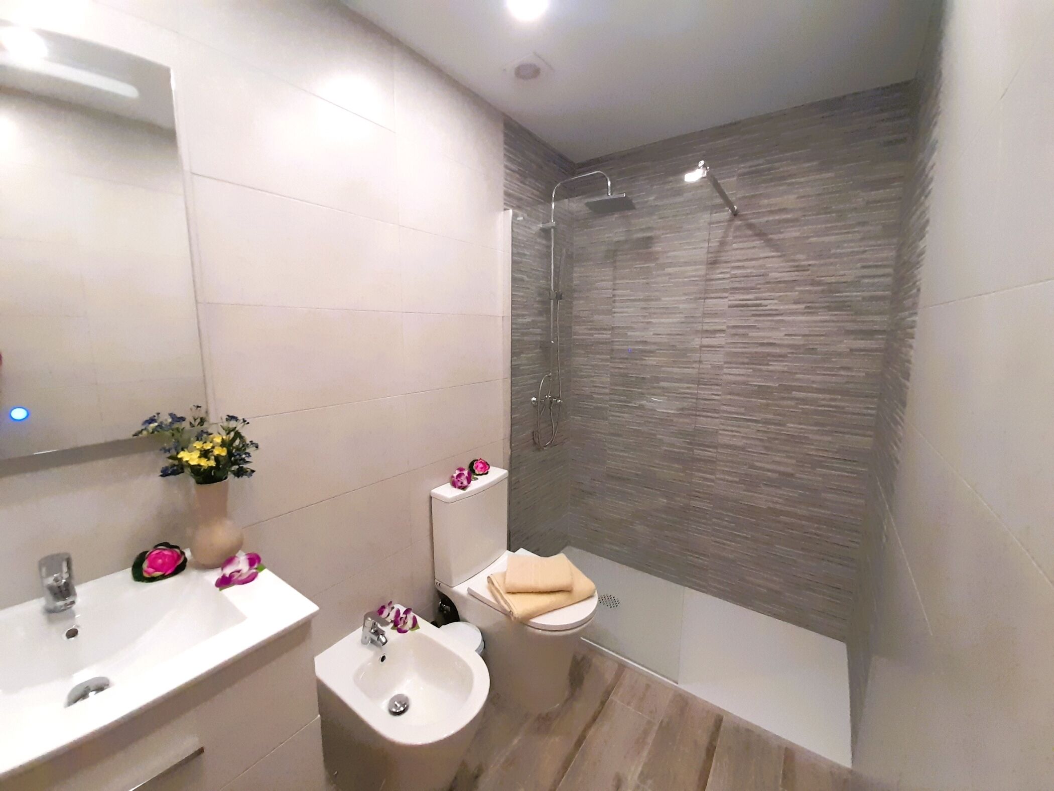 A modern bathroom with a sink, bidet, and a shower area.