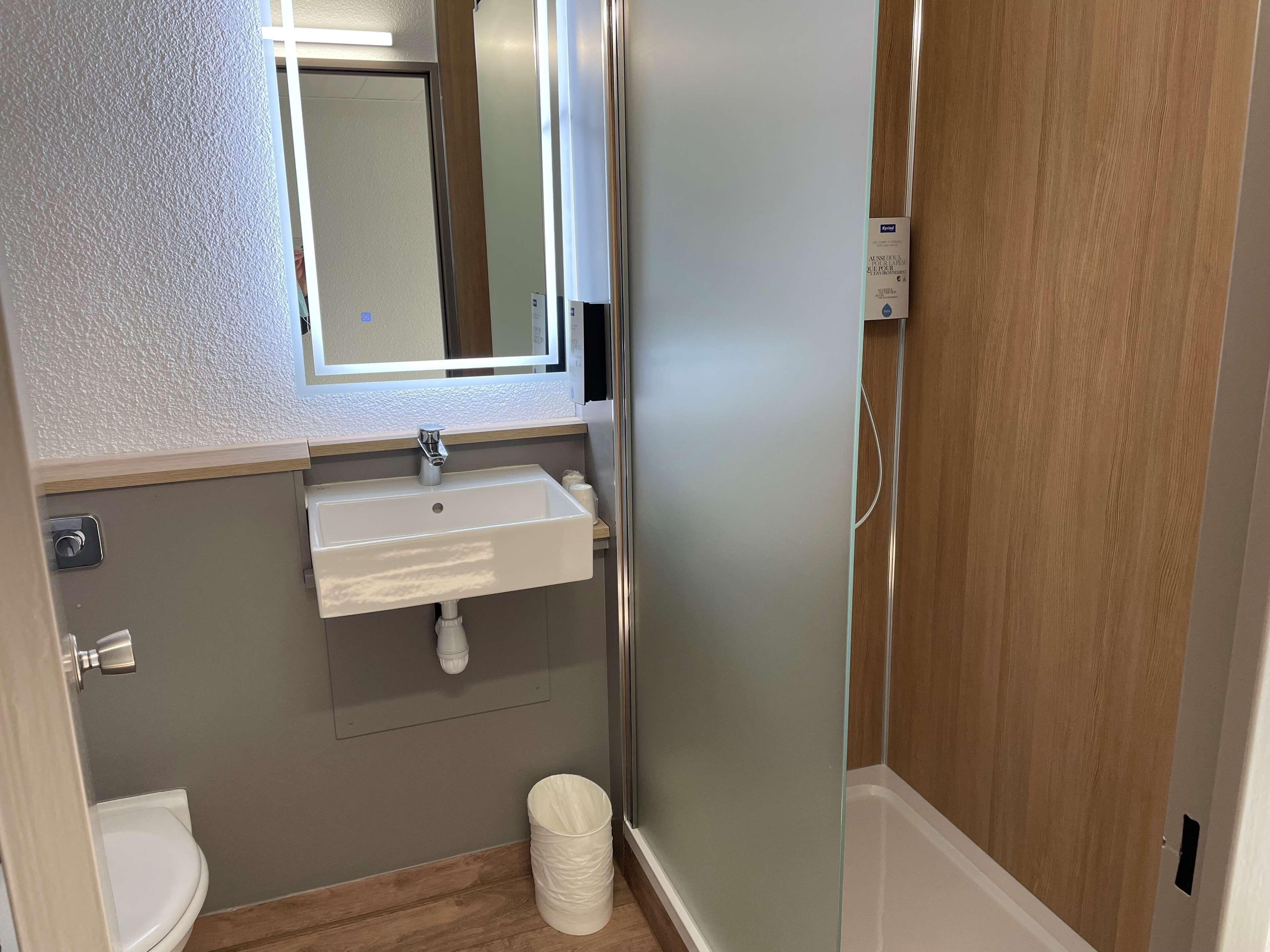 A bathroom with a white sink, a mirror, a toilet, and a wooden door.