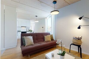Departamento básico, 1 cama Queen size y sofá cama | Sala de estar | Televisión 
