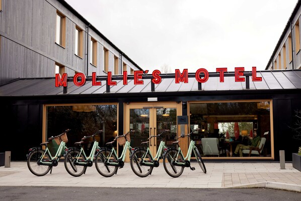 Un motel avec une grande enseigne sur laquelle on peut lire : « Motel de Mollie ».